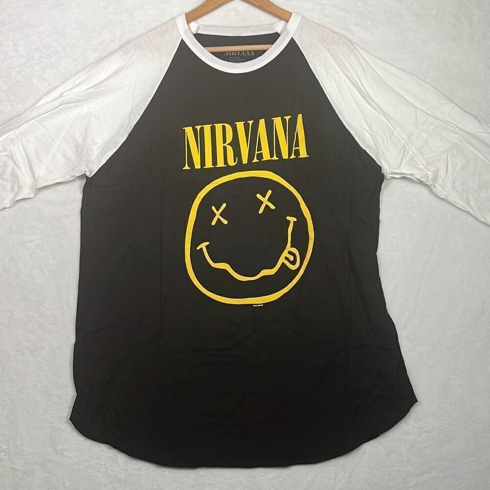 Nirvana Smiley face concert release Raglan long hem cotton T-shirt NWOT Men‎ XL